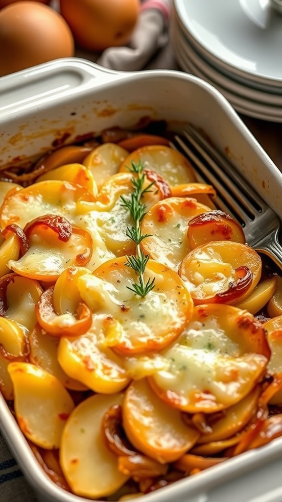 A golden-brown potato and onion gratin in a baking dish, garnished with thyme, set in a rustic kitchen.
